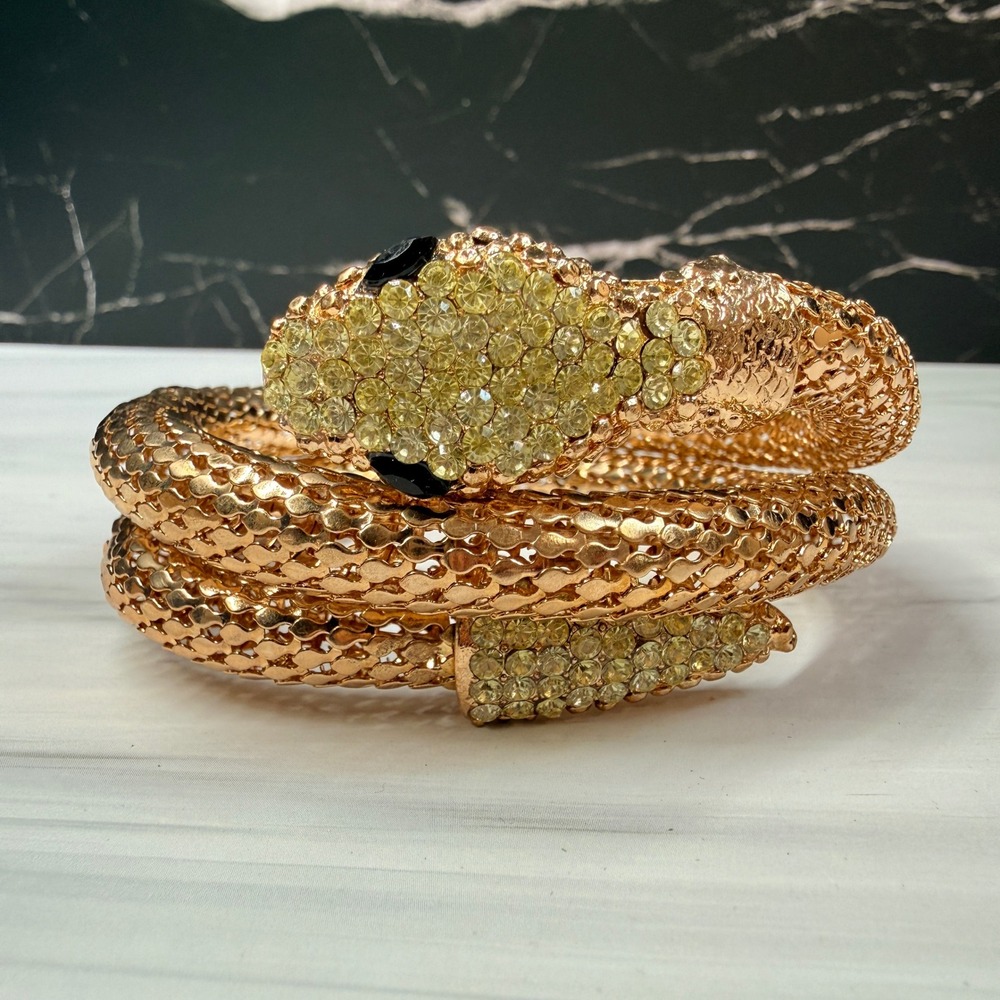 Gold Tone Mesh Snake Wrap Bracelet Yellow Rhinestone Serpent Statement